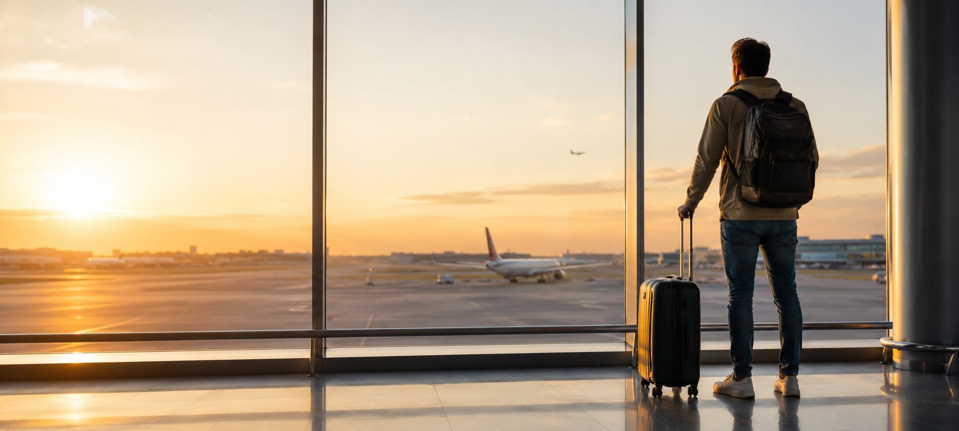 Traveler with a backpack looking out the airport