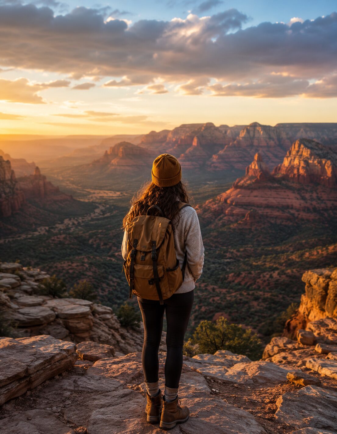 Traveler looking out over a coastal village from a hilltop