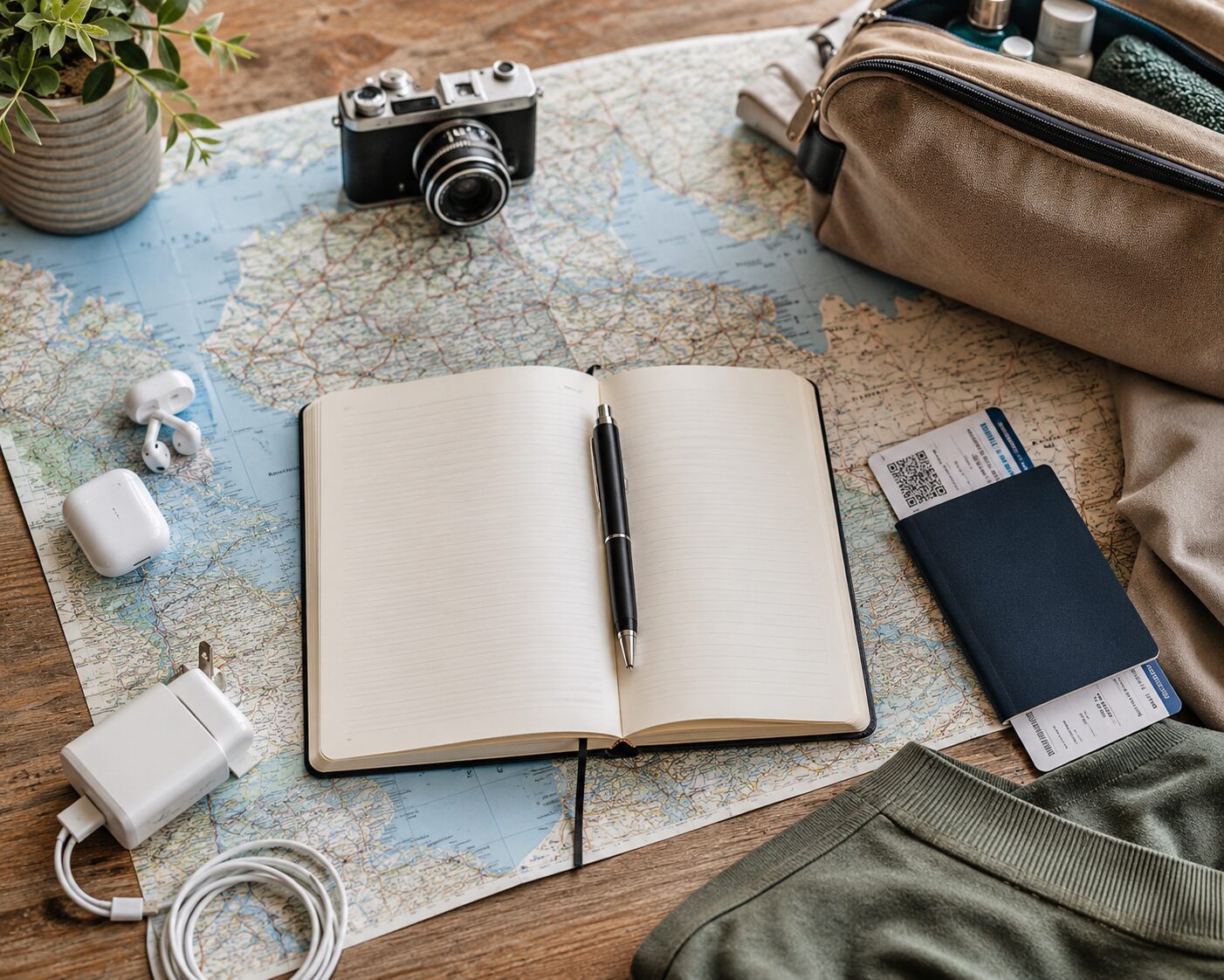 Flat lay of a travel map, open notebook, camera, and packing essentials