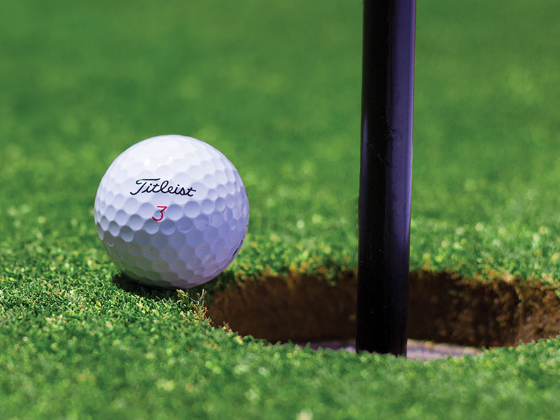 A golf ball on a green lawn